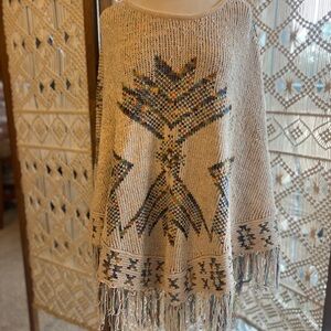 Multicolor Aztec Fringe Poncho Sweater
